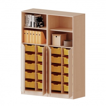 ErgoTray Schrank, 4reihig, 3OH unten Türen, 20 hohe Boxen, oben 2OH Regal, B/H/T 140,6x190x50cm 